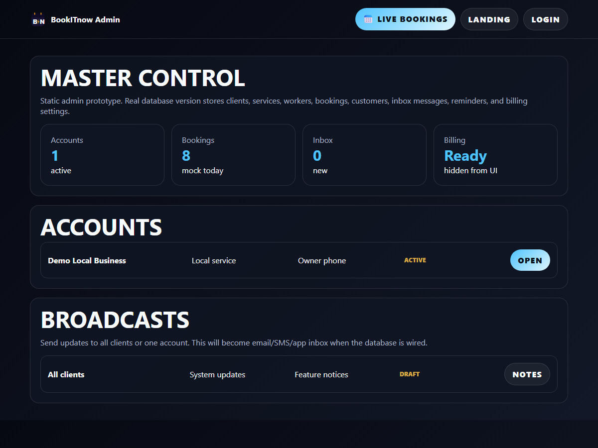 BookITnow admin screenshot