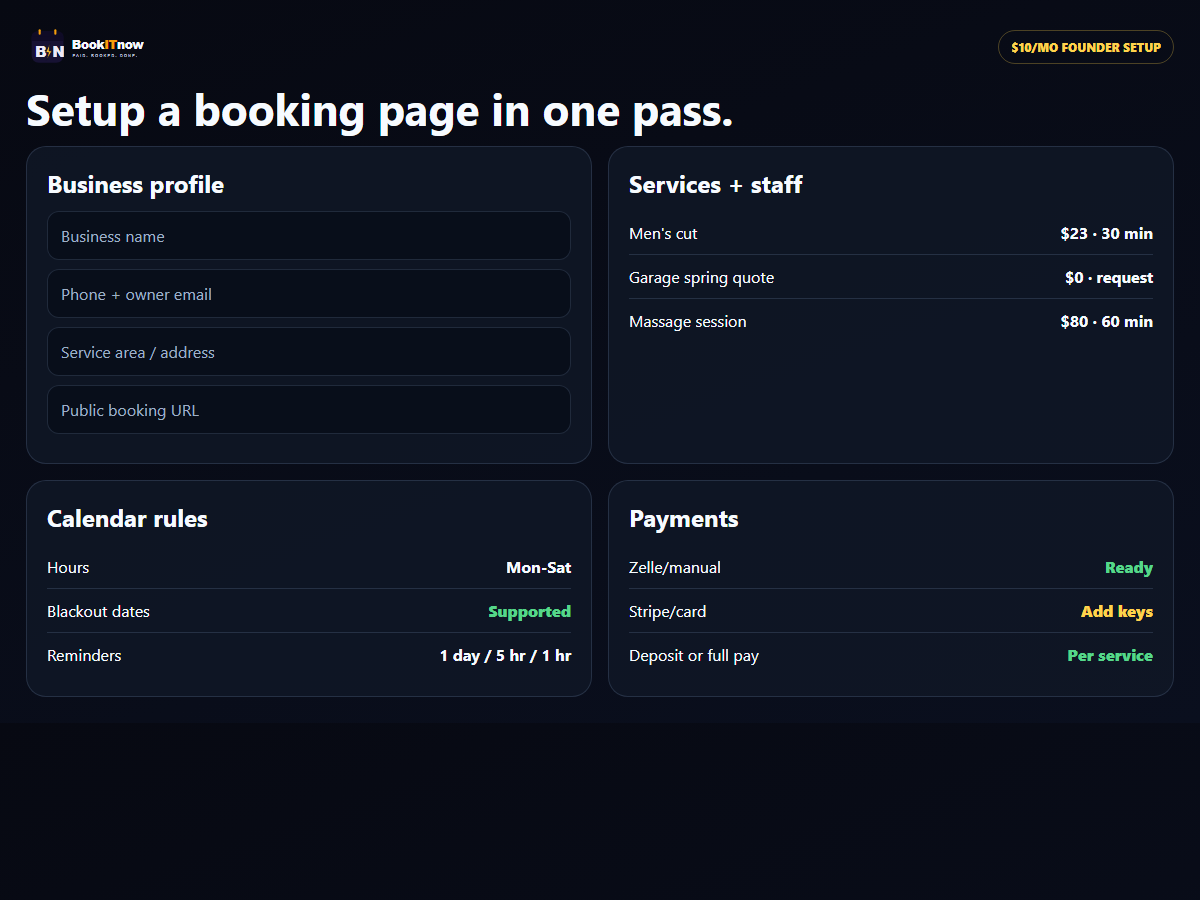BookITnow setup flow screenshot